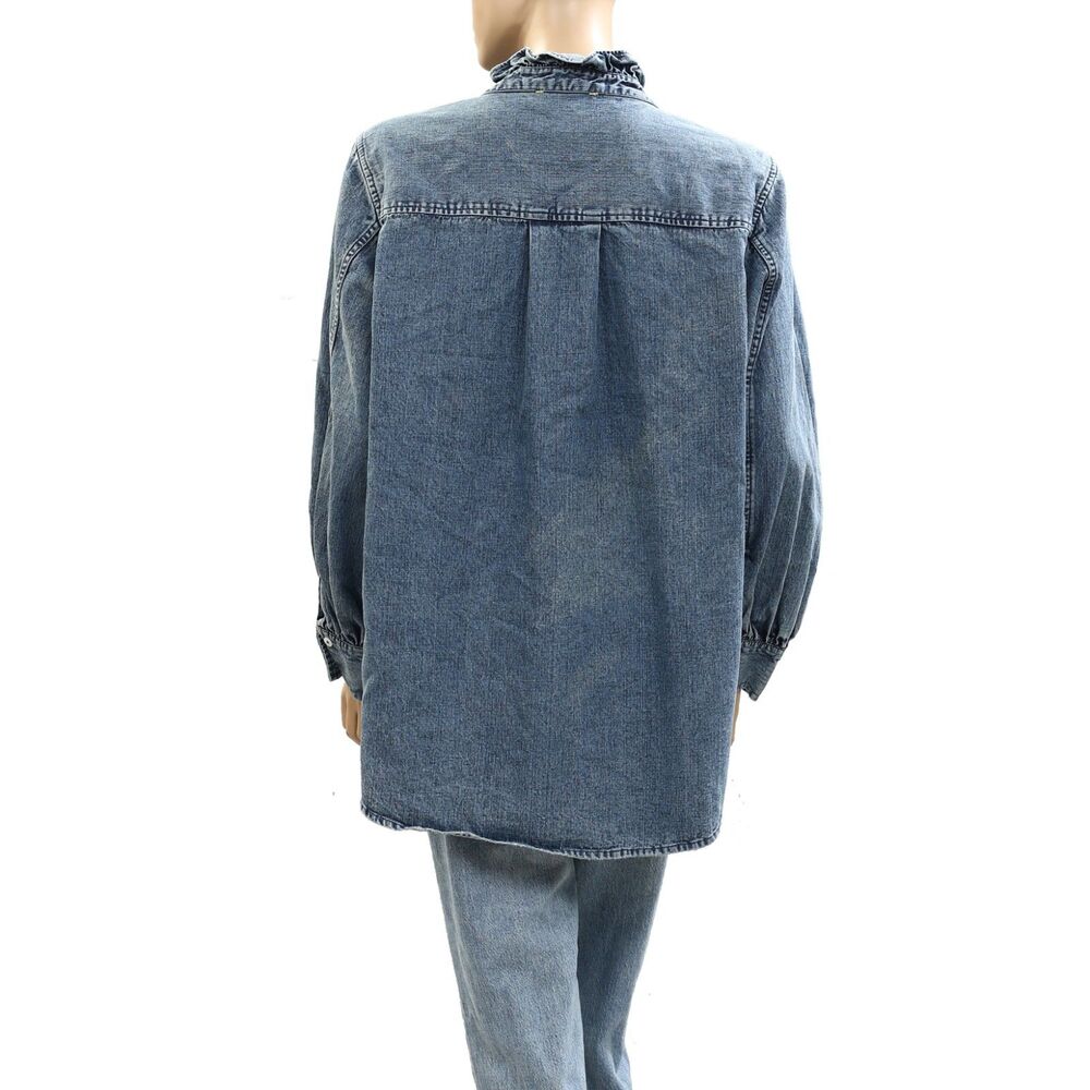 Kerri Rosenthal Puff Sleeve Denim Shirt Top Buttondown Ruffle V-Neck XL 285060 - Picture 9 of 13